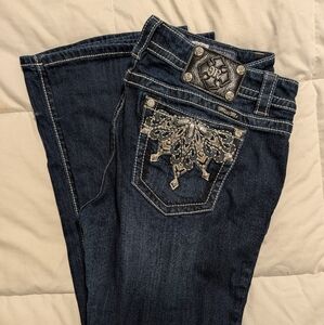 Miss Me Dark Blue Boot Cut Jeans with Silver Embellishments